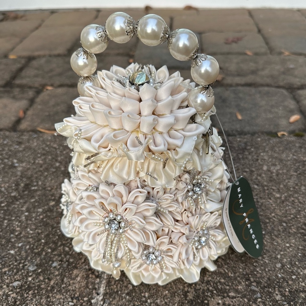 Mary Frances Ivory Satin Floral Pearl-Handle Evening Bag